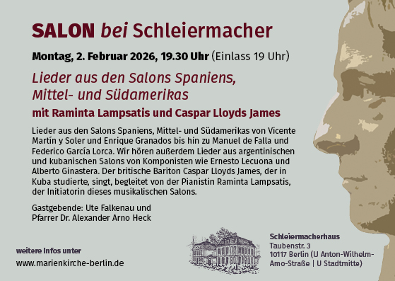 Veranstaltungsflyer für SALON bei Schleiermacher am 2. Februar 2026, 19:30 Uhr, mit spanischen und lateinamerikanischen Liedern mit Raminta Lampsatis und Caspar Lloyd James. Enthält Veranstaltungsdetails und Informationen zum Veranstaltungsort.