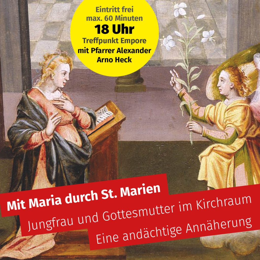 Ein mittelalterliches Gemälde der Verkündigung, auf dem der Engel Gabriel einen Stab hält und der Jungfrau Maria eine weiße Lilie überreicht. Über dem Bild sind Details zum Ereignis in deutscher Sprache eingeblendet.
