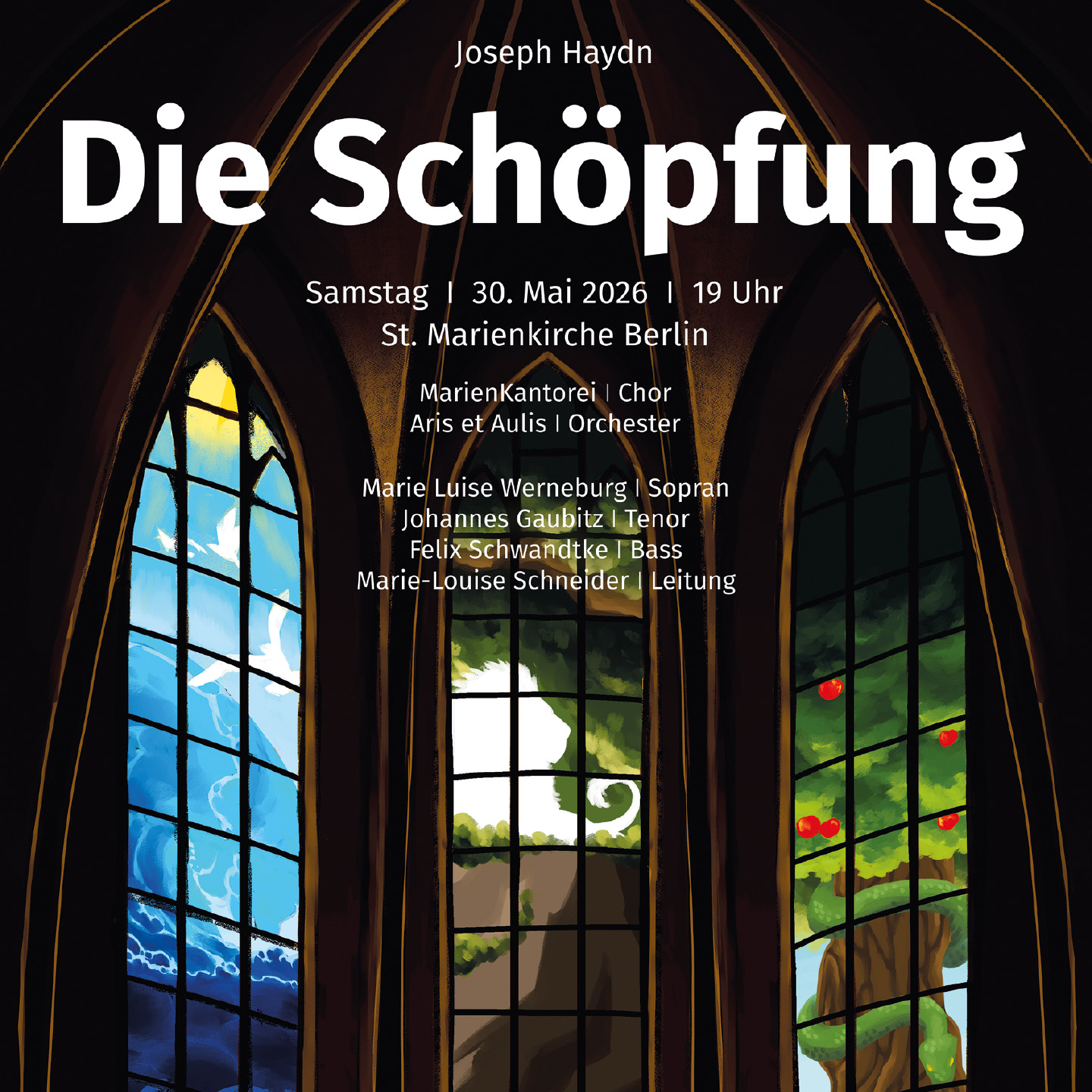 Plakat für Haydns Konzert "Die Schöpfung" mit Kirchenfenstern mit Tag- und Nachtszenen, Veranstaltungsdetails und Namen der Interpreten. Das Konzert findet am 30. Mai 2026 in der St. Marienkirche in Berlin statt.