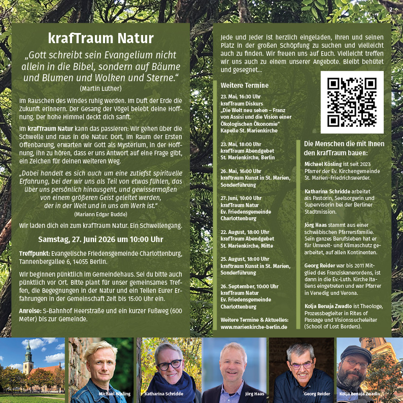 Ein deutscher Veranstaltungsflyer mit Text über eine Veranstaltung zum Thema Natur, einschließlich Datum, Ort, Programm und Informationen zum Organisator. Mit grünen Naturbildern und Fotos von vier Rednern am unteren Rand.