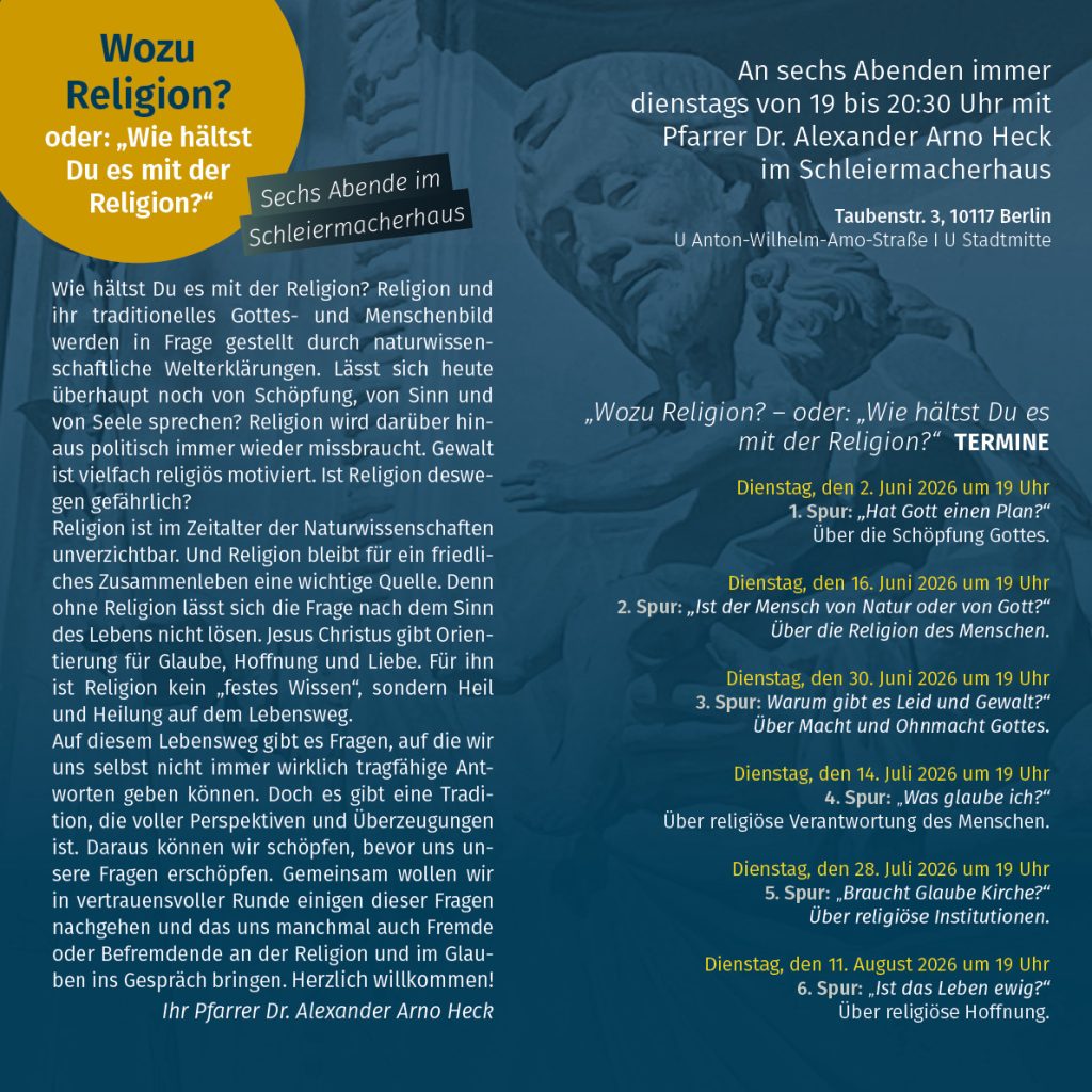 Ein deutschsprachiger Veranstaltungsflyer mit gelber und weißer Schrift auf dunkelblauem Hintergrund, der für eine Vortragsreihe mit dem Titel Wozu Religion? über die Rolle der Religion wirbt, einschließlich Informationen zu Zeitplan, Veranstaltungsort und Organisator.