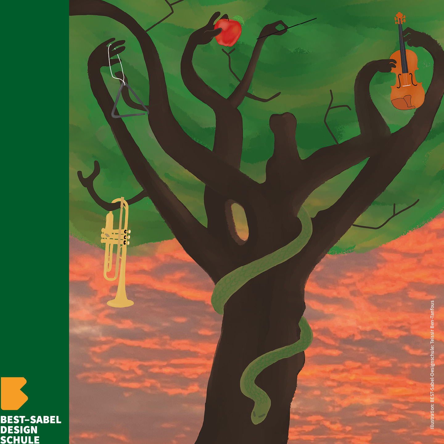 Ein Baum mit Ästen in Form von Armen hält einen roten Apfel, eine Geige, eine Trompete und eine Klarinette. Eine grüne Schlange schlängelt sich um den Stamm. Der Himmel bei Sonnenuntergang ist orange und rosa. In der Ecke befindet sich das Logo der Best-Sabel Design Schule.