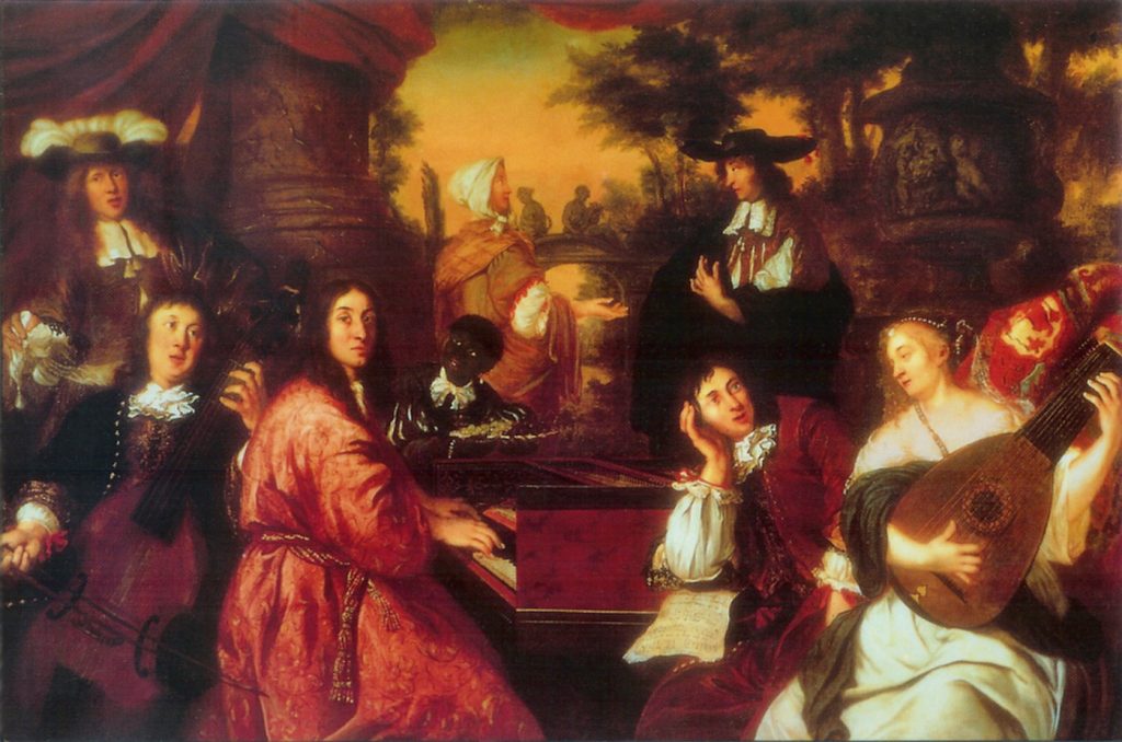 Eine Gruppe elegant gekleideter Menschen aus der Barockzeit versammelt sich um Musikinstrumente, darunter ein Keyboard und eine Laute, in einer üppigen Umgebung im Freien mit prächtiger Architektur und Bäumen im Hintergrund.