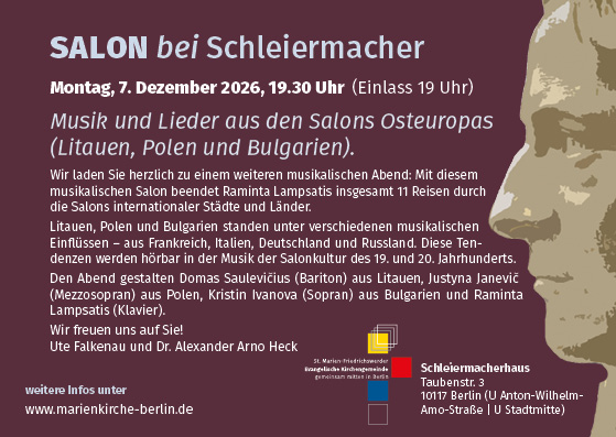 Veranstaltungsflyer für den „SALON bei Schleiermacher“ am 7. Dezember 2026 in Berlin mit Musik aus Litauen, Polen und Bulgarien sowie Informationen zu den Künstlern und zum Veranstaltungsort.
