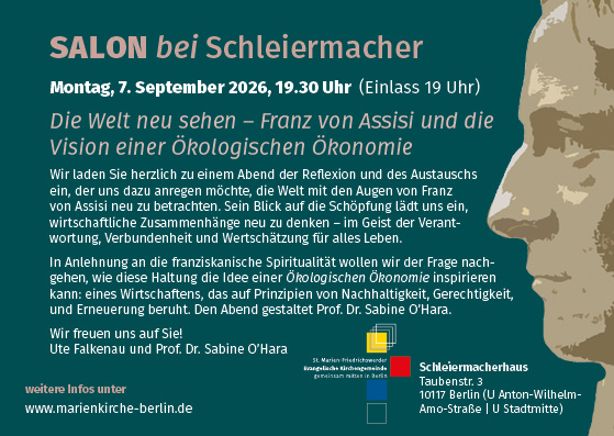 Veranstaltungsplakat für den „Salon bei Schleiermacher“ am 7. September 2026 zum Thema ökologische Wirtschaft und Spiritualität mit den Referentinnen Ute Falkenau und Sabine OHara im Schleiermacherhaus, Berlin.