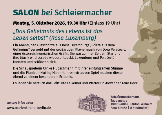 Veranstaltungsflyer für den „Salon bei Schleiermacher“ am 5. Oktober 2026 in Berlin. Der Text beschreibt das von Rosa Luxemburg inspirierte Programm. Enthält die Silhouette eines Gesichts, eine kleine Kirchenillustration und den Veranstaltungsort.
