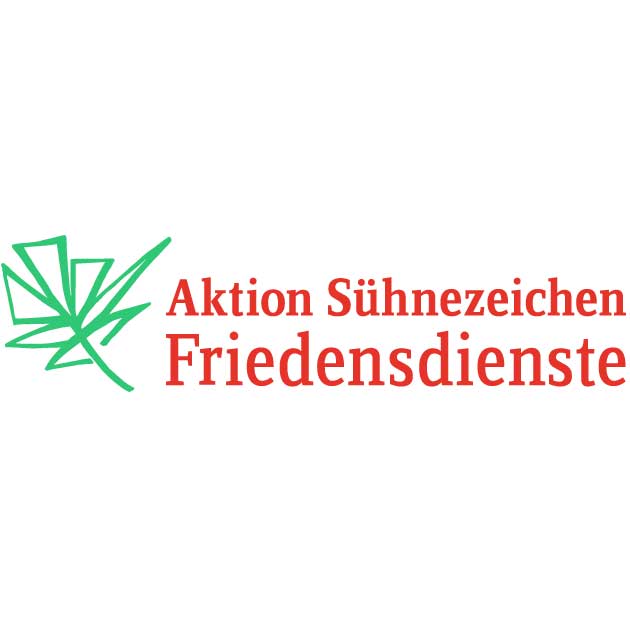 Logo mit einem grünen, abstrakten Blatt auf der linken Seite und dem Schriftzug „Aktion Sühnezeichen Friedensdienste“ in roter Schrift auf der rechten Seite, auf weißem Hintergrund.